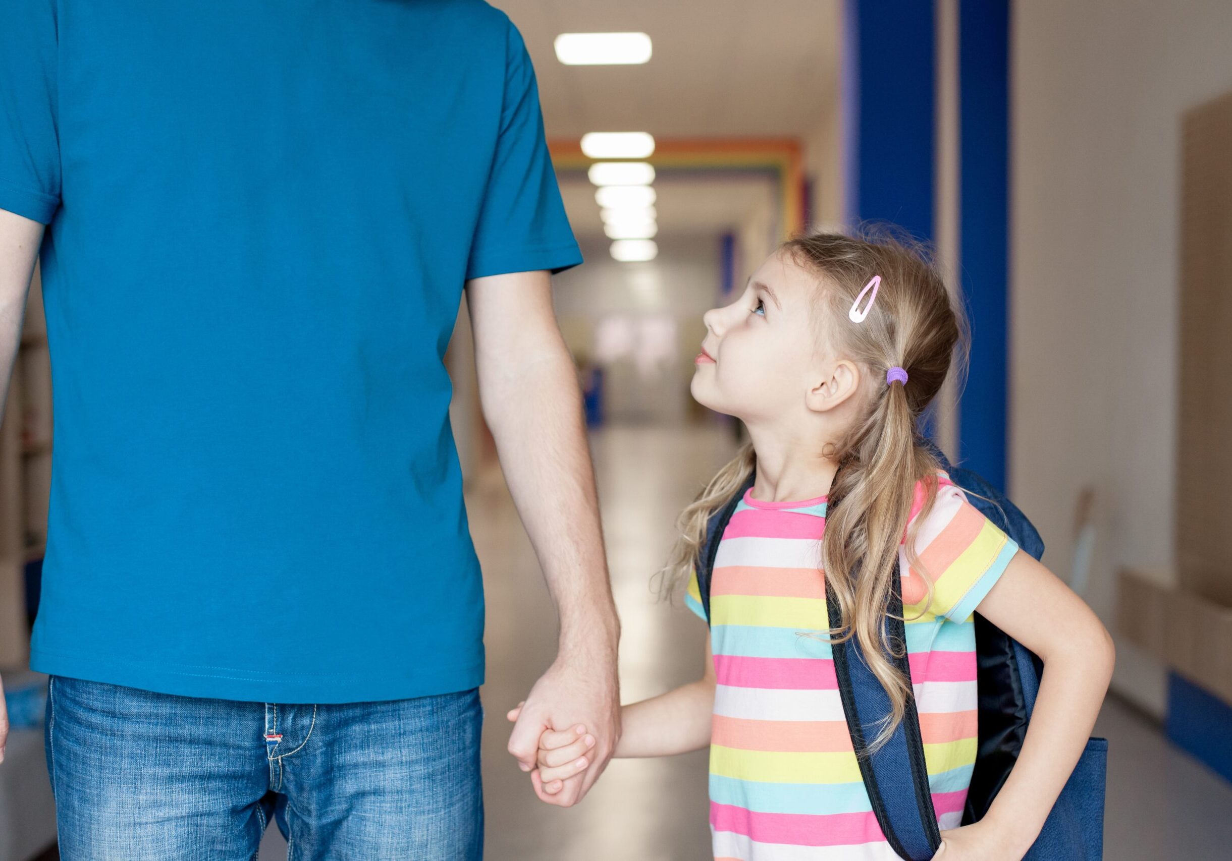 First,Day,At,School.,Father,And,Daughter,Holding,Hands.,Child