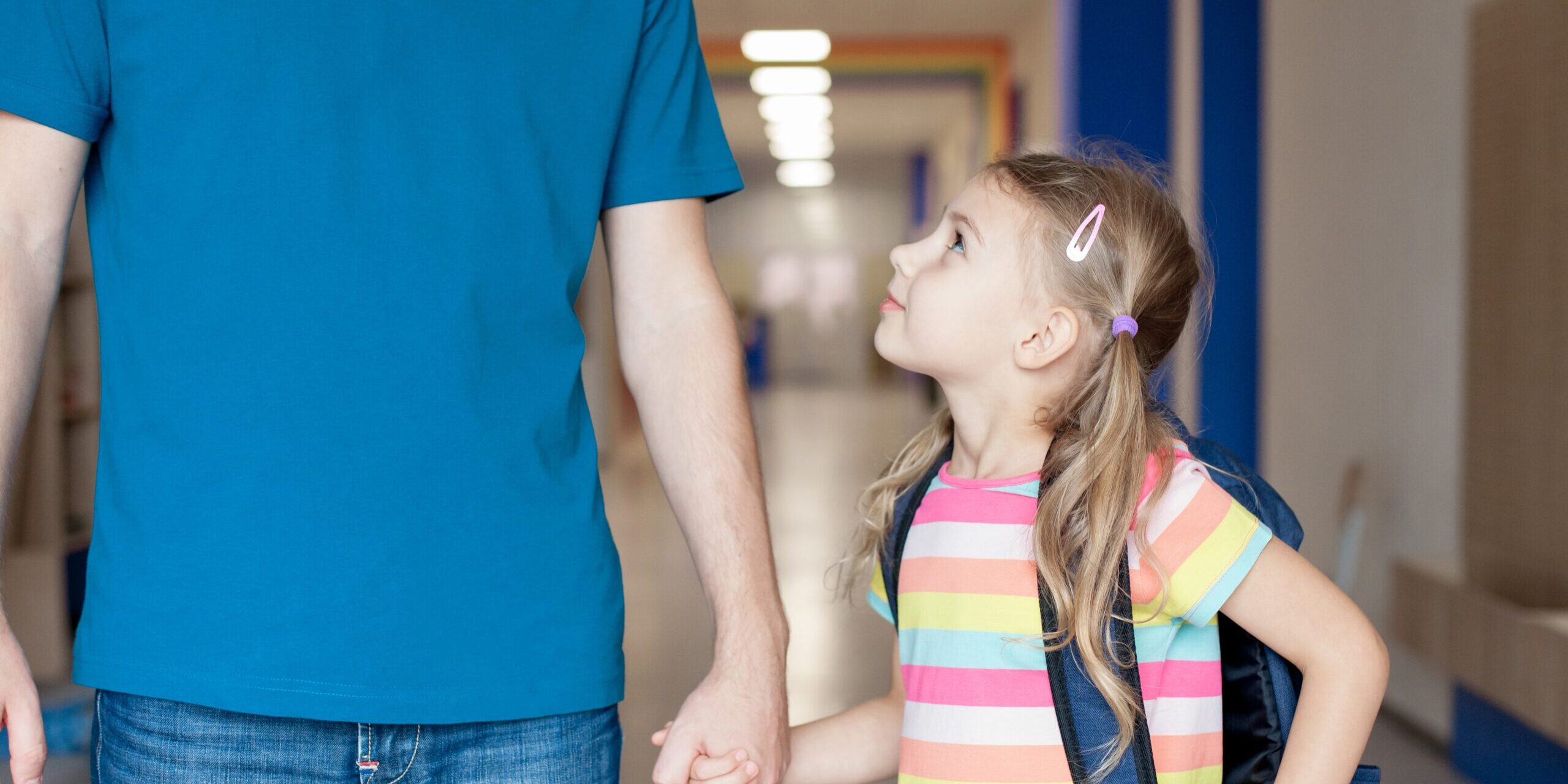 First,Day,At,School.,Father,And,Daughter,Holding,Hands.,Child